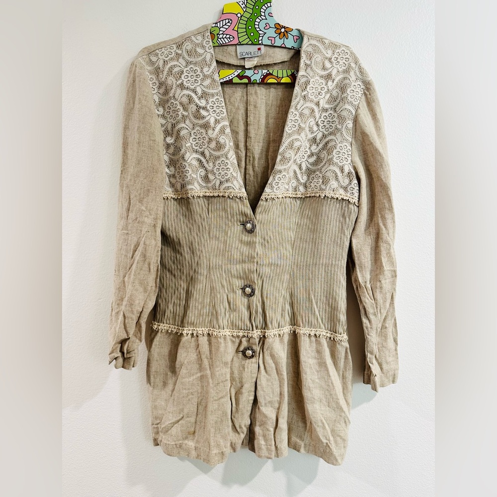 Vintage Scarlett Linen Dress with Lace and Pearly Buttons Size 7-8